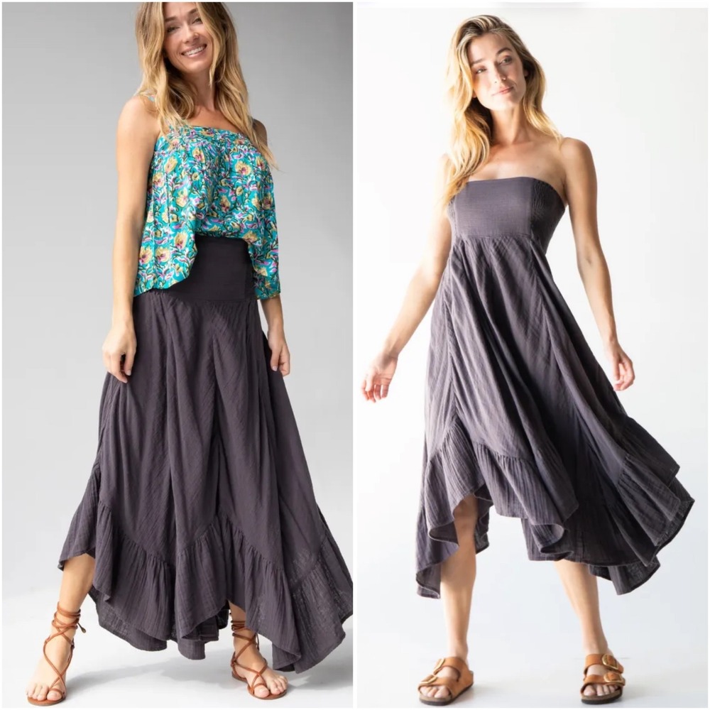 Natural Life Feelin' Alive Convertible Midi Skirt Dress Charcoal Boho Gauze XS/S